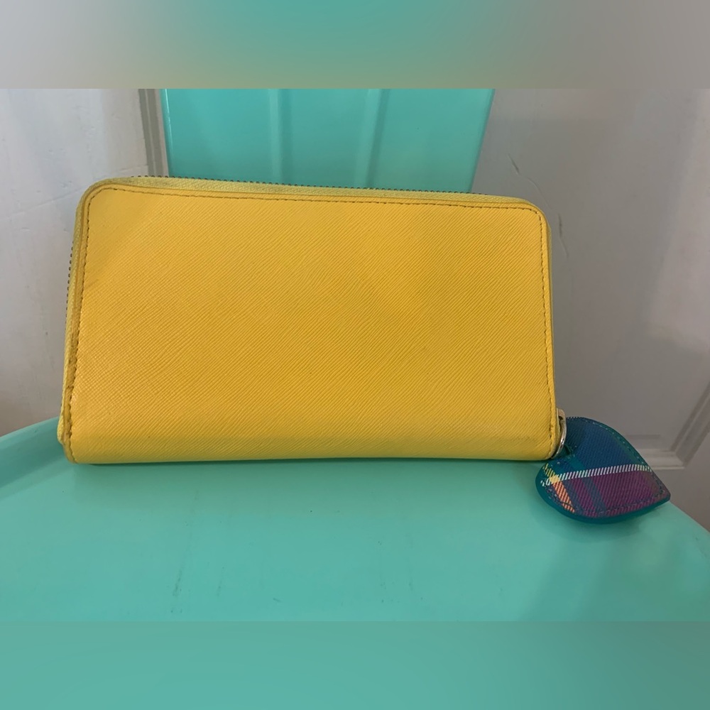 Talbots Bright Yellow & Plaid Saffano Leather Zip Around Wallet With Heart Charm
